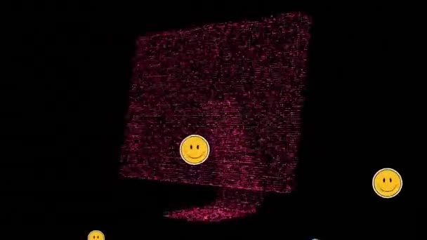 Flera Leende Ansikte Emojis Flytande Mot Datormodell Spinning Svart Bakgrund — Stockvideo