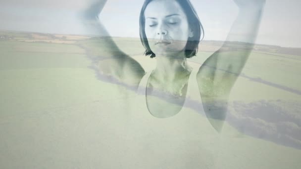 Composição Digital Mulher Caucasiana Meditando Contra Vista Aérea Prados Meditação — Vídeo de Stock