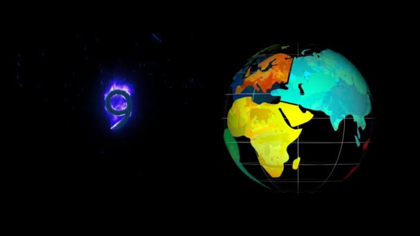 九位数字图标的数字动画在火上旋转 全球图标在黑色背景下旋转 全球联网和技术概念 — 图库视频影像