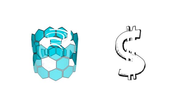 Animação Digital Fiação Forma Hexagonal Símbolo Dólar Contra Fundo Branco — Vídeo de Stock