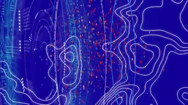 青い背景に地形と複数のラウンドスキャナ上に落ちるコンフェッティのデジタルアニメーション テクスチャとデザインの技術的背景 — ストック動画