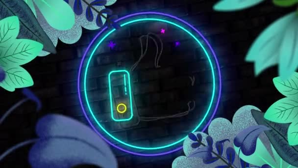 数字动画的花卉设计上的霓虹灯蓝色像图标上的圆形横幅对着砖墙 社交媒体网络和技术概念 — 图库视频影像