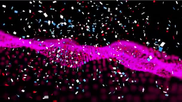 Цифровая Анимация Цветных Конфетти Падающих Розовую Цифровую Волну Черном Фоне — стоковое видео
