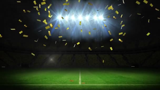Confete Dourado Caindo Contra Luzes Inundação Estádio Esportes Fundo Competição — Vídeo de Stock