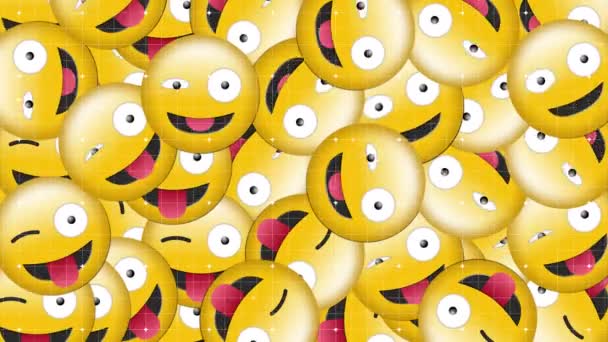 Digital Animation Multiple Silly Face Emojis Falling Grid Network Black — Stock Video