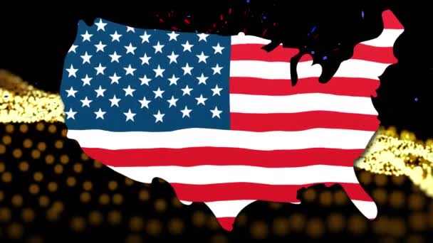 コンフェッティがアメリカの国旗のデザインを覆ったブラック バックグラウンドでデジタル ウェーブに対抗する地図だ アメリカ独立記念日のお祝いのコンセプト — ストック動画