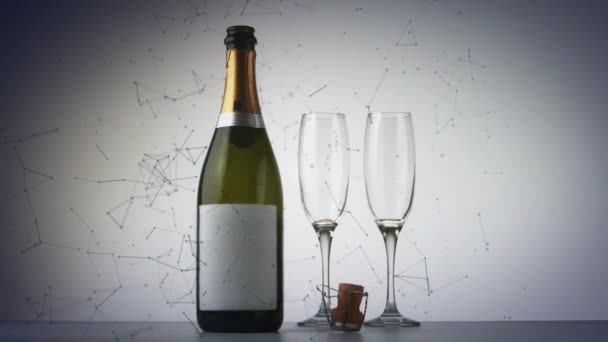 Nätverk Anslutningar Över Champagneflaska Och Två Champagneglas Mot Grå Bakgrund — Stockvideo