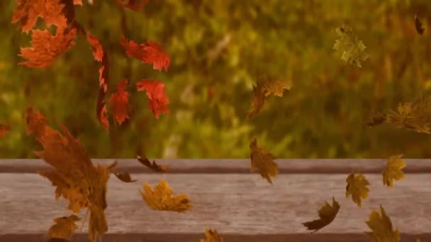 Digitale Animation Mehrerer Herbstblätter Die Über Einer Hölzernen Fläche Gegen — Stockvideo