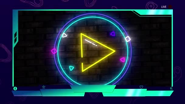 Digital Animation Digital Interface Neon Yellow Play Icon Brick Wall — Stock Video