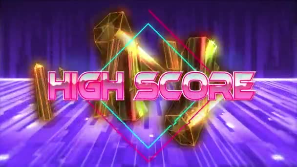 High Score Text Neon Banner Golden Crystals Light Trails Purple — Stock Video