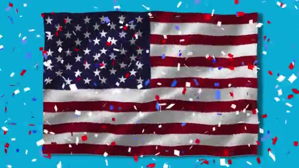 Confetti Che Sventola Bandiera Americana Contro Stelle Cerchi Girevoli Sfondo — Video Stock