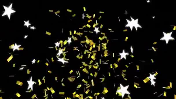 黒を背景に複数の星のアイコンに落ちる黄金のコンフェッティのデジタルアニメーション テクスチャとデザインの技術的背景 — ストック動画