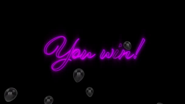 ネオン紫の上に浮かぶ複数の黒い風船は 黒を背景にテキスト看板を獲得します ビデオゲームネオンサインとバナーコンセプト — ストック動画