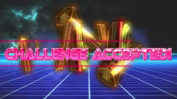 Challenge Accepteerde Tekst Neon Banner Tegen Gouden Kristallen Blue Grid — Stockvideo