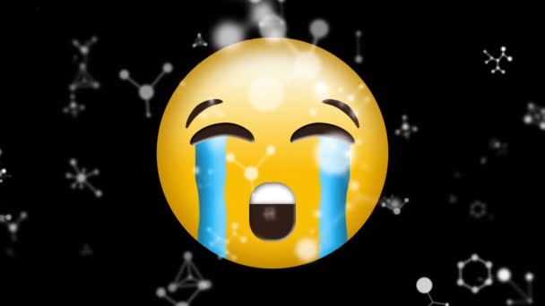 Digital Animation Molecular Structures Floating Crying Face Emoji Black Background — Stock Video