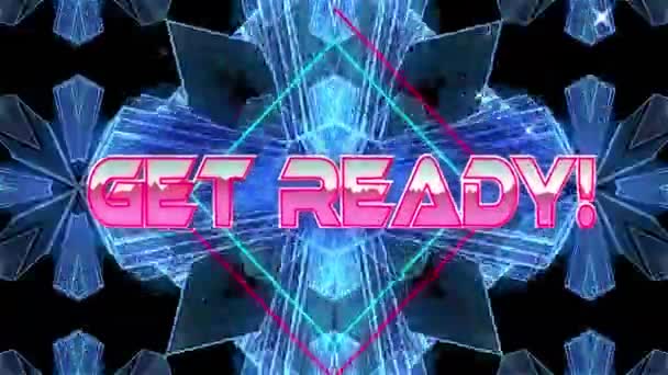 Get Ready Text Neon Banner Blue Kaleidoscopic Patterns Black Background — Stock Video