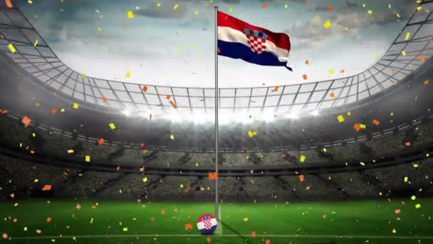 Confetti Vallen Zwaaien Kroatische Vlag Tegen Sportstadion Achtergrond Sportwedstrijd Toernooi — Stockvideo