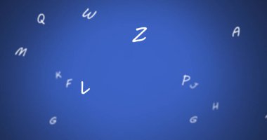 Mavi arka planda yüzen birden fazla beyaz İngiliz alfabesinin dijital görüntüsü. okul ve eğitim kavramı