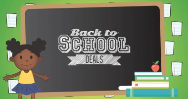 Okul metinleri, simgeler ve karatahta üzerinden okula dönüş resmi. eğitim, geliştirme ve öğrenme kavramı dijital olarak oluşturulmuş görüntü.