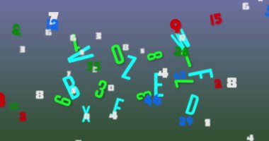 Mavi ve yeşil zemin üzerinde yüzen çoklu değişen sayıların ve alfabelerin dijital görüntüsü. okul ve eğitim kavramı