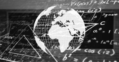Siyah zemin üzerinde dönen matematiksel denklemlerin dijital görüntüsü. okul ve eğitim kavramı