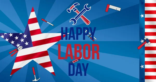Obraz Szczęśliwego Dnia Pracy Tekst Nad Narzędziami Gwiazda Kolorowe Amerykańskiej — Zdjęcie stockowe