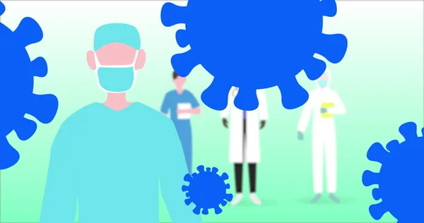 光を背景に顔のマスクを身に着けている医師以上のコロナウイルス細胞のイメージ 世界のCovid 19コロナウイルスパンデミックの概念デジタル生成画像 — ストック写真