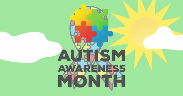 Image Autism Awareness Month Text Puzzles Forming Ribbon Green Background — Stockfoto