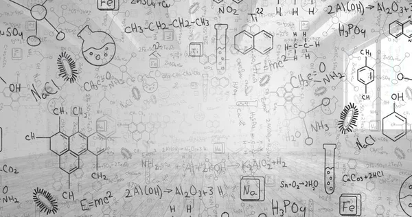 Composizione Digitale Strutture Chimiche Diagrammi Galleggianti Contro Uffici Vuoti Concetto — Foto Stock