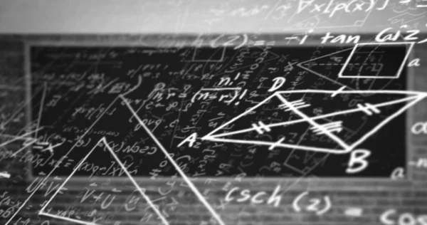 Imagen Digital Ecuaciones Matemáticas Diagramas Flotando Sobre Fondo Negro Escuela — Foto de Stock