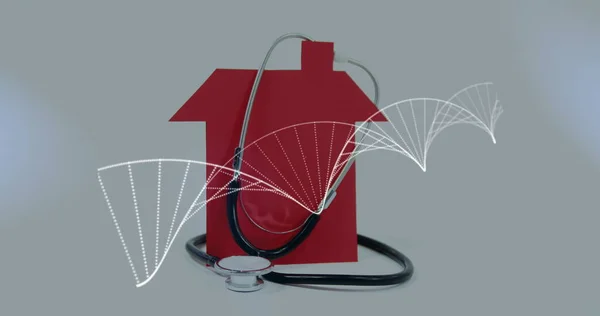Obrázek Dna Vlákna Rotující Stetoskopem Červeném Modelu Domu Šedém Pozadí — Stock fotografie