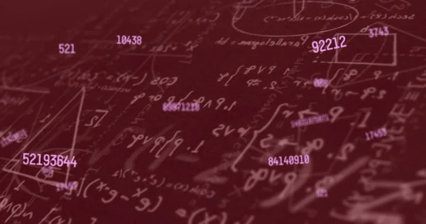 Vários Números Variáveis Flutuando Contra Equações Matemáticas Diagramas Fundo Vermelho — Fotografia de Stock