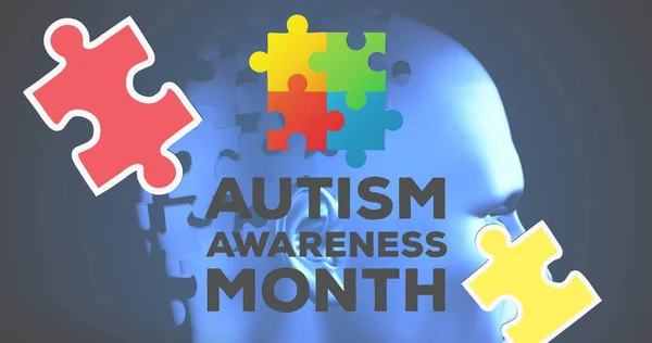 パズルで形成された青い頭の上の自閉症の意識月のテキストの画像 自閉症や学習障害の認識と支援の概念をデジタルで生成した画像 — ストック写真