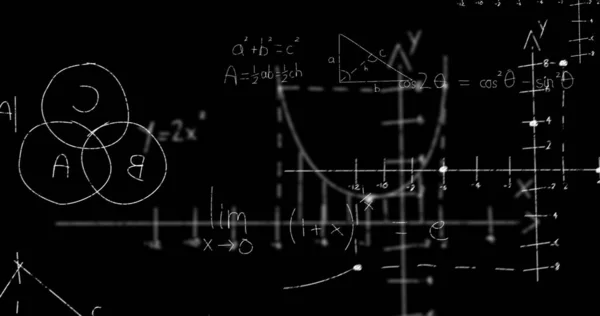 Imagen Digital Ecuaciones Formas Matemáticas Sobre Fondo Negro Escuela Concepto —  Fotos de Stock