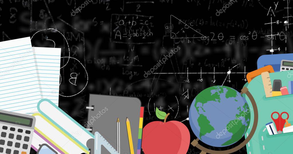 Digital image of school concept icons moving against mathematical equations on black background. school and education concept