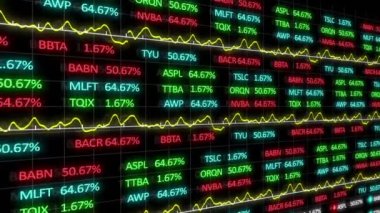 Borsa veri işlemesinin dijital animasyonu siyah arkaplanla karşılaştırılıyor. küresel ekonomi ve finans kavramı