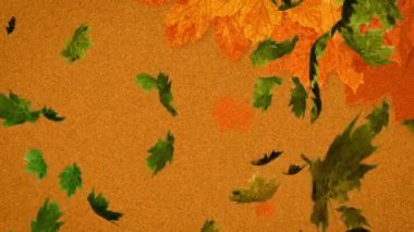 Turuncu arka plana düşen birden fazla sonbahar yapraklarının animasyonu. Doğa, sonbahar ve mevsimler dijital olarak üretilen video konsepti.