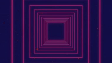 Kare şekiller, mor arkaplanda yüzen pembe noktalara karşı pürüzsüz bir hareketle. doku ve tasarım ile teknoloji arkaplanı