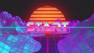 Başlangıç metninin siyah arkaplandaki üç boyutlu dağ yapılarına karşı neon pankartın üzerinde dijital animasyonu. Video oyunu arayüzü ve teknoloji kavramı