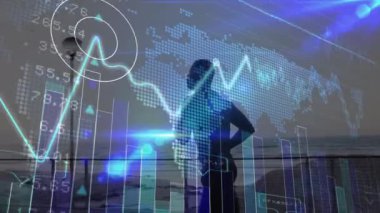 Afrika kökenli Amerikalı bir adama karşı dünya haritasında borsa ve istatistiksel veri işleme. Spor ve spor teknolojisi kavramı