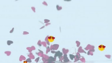 Birden fazla kalp gözü, birden fazla kalbin üzerinde süzülen emojilerin beyaz arka plana düşüşünü görür. Sevgililer Günü Kutlaması ve Aşk Konsepti