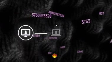 Birden fazla kalp gözü, dijital simge ağına karşı yüzen ve değişen rakamlarla karşı karşıya. Sosyal medya ağı ve teknoloji kavramı