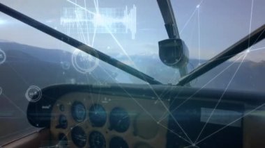Bağlantıların ve veri işlemenin ağı özel uçağın ön paneline karşı. Havacılık ve uçuş konsepti