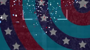 Konfeti mavi zemin üzerinde dönen dairelerde yıldızlara karşı tarama yaparak düştü. Amerika 'nın bağımsızlık kutlamaları