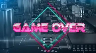 Neon karelerdeki metin üzerinden anakart üzerindeki mikroişlemci bağlantılarına karşı oyun bitti. Video oyunu arayüzü ve teknoloji kavramı