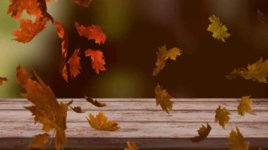 Ormana karşı ahşap yüzeyde yüzen çoklu sonbahar yapraklarının dijital animasyonu. Sonbahar mevsimi konsepti