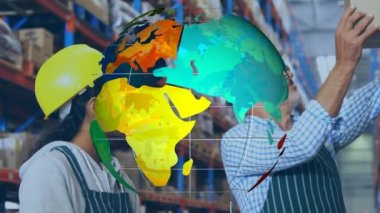 Depodaki stokları kontrol eden erkek ve kadın denetçilere karşı dönen bir küre. lojistik ve ulaşım sektörü kavramı