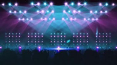 Dans eden insanların siluetinin üzerinde renkli parlak ışıkların dijital animasyonu. gece hayatı ve konser konsepti
