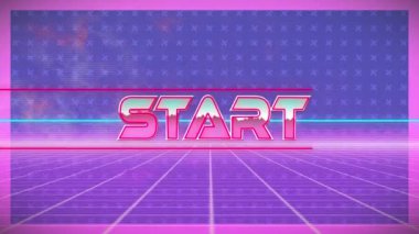 Mor arkaplandaki ızgara ağına karşı neon pankart üzerinden başlangıç metninin dijital animasyonu. Video oyunu arayüzü ve teknoloji kavramı