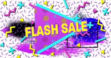 Mor pankarttaki flaş satışı metni beyaz arkaplanda soyut renkli şekillere karşı. satış indirimi ve perakende iş konsepti